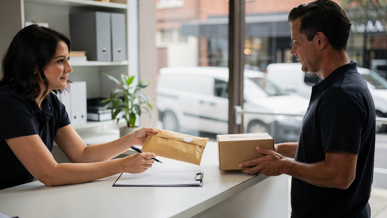 A receptionist leans across an office front counter, pen in hand, accepting a padded envelope and small cardboard box from a delivery driver.