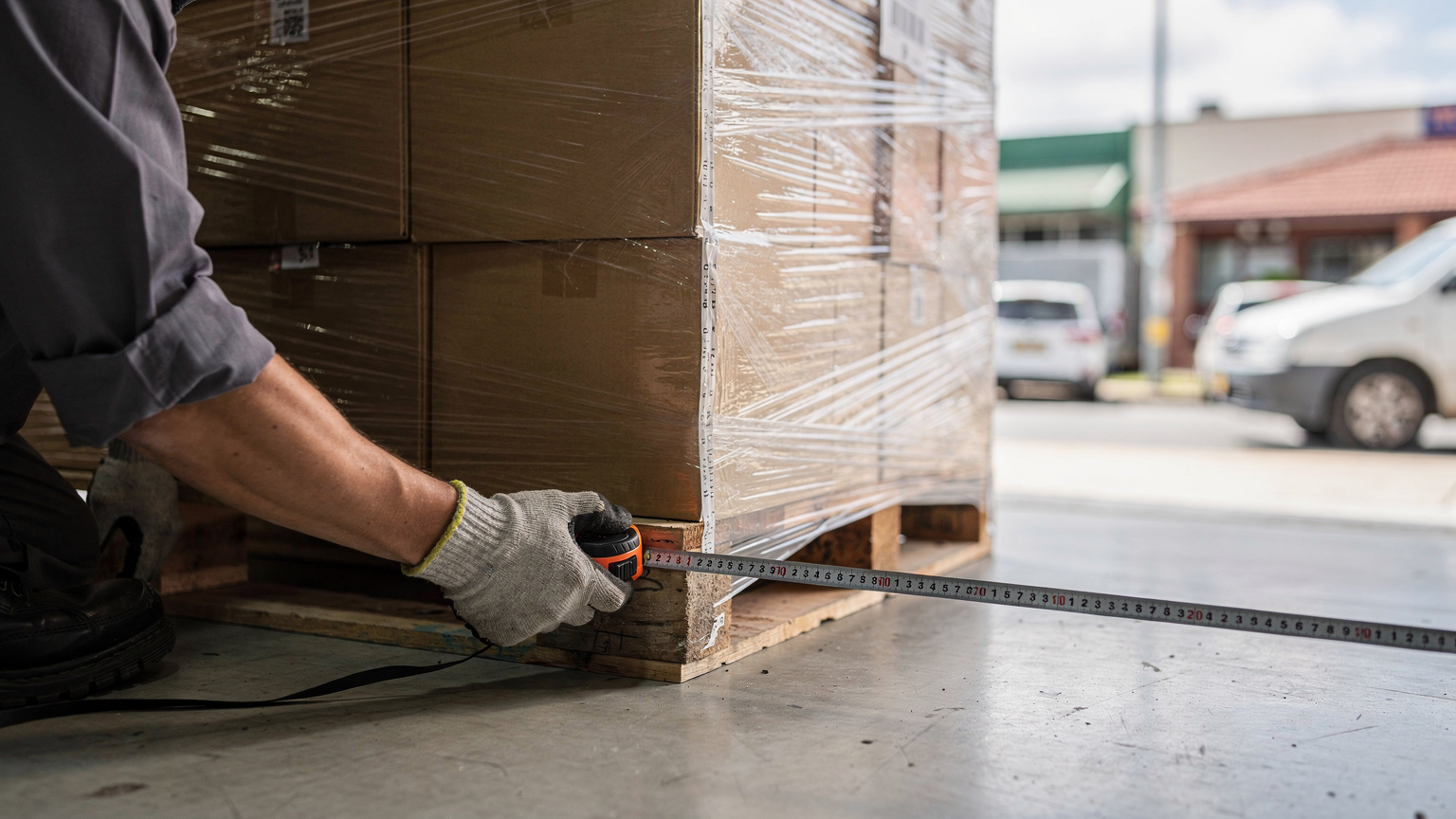 A gloved worker kneels on a warehouse floor, running a steel tape measure along the base of a plastic-wrapped pallet of cardboard cartons.