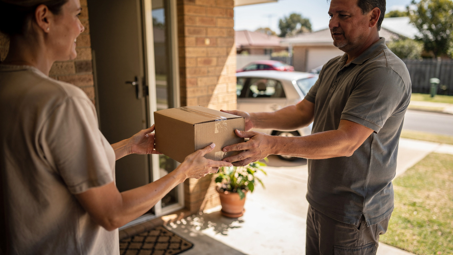 A woman on a shaded brick verandah receives a taped cardboard parcel from a man in a grey polo, with a small hatchback parked in the driveway behind.
