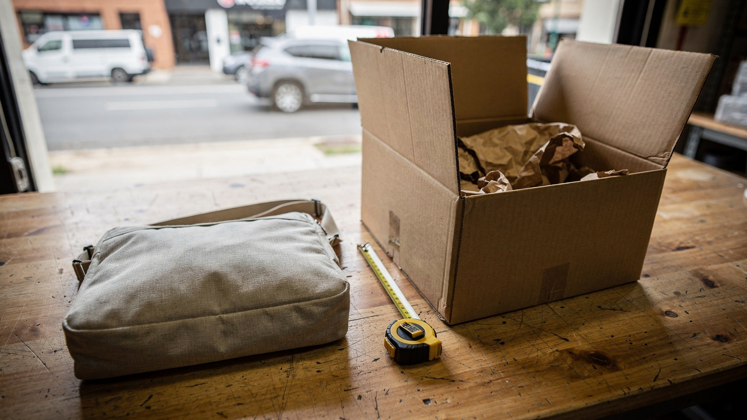 A padded canvas satchel lies beside an open cardboard carton holding crumpled paper on a worn wooden packing table, with a tape measure between them.