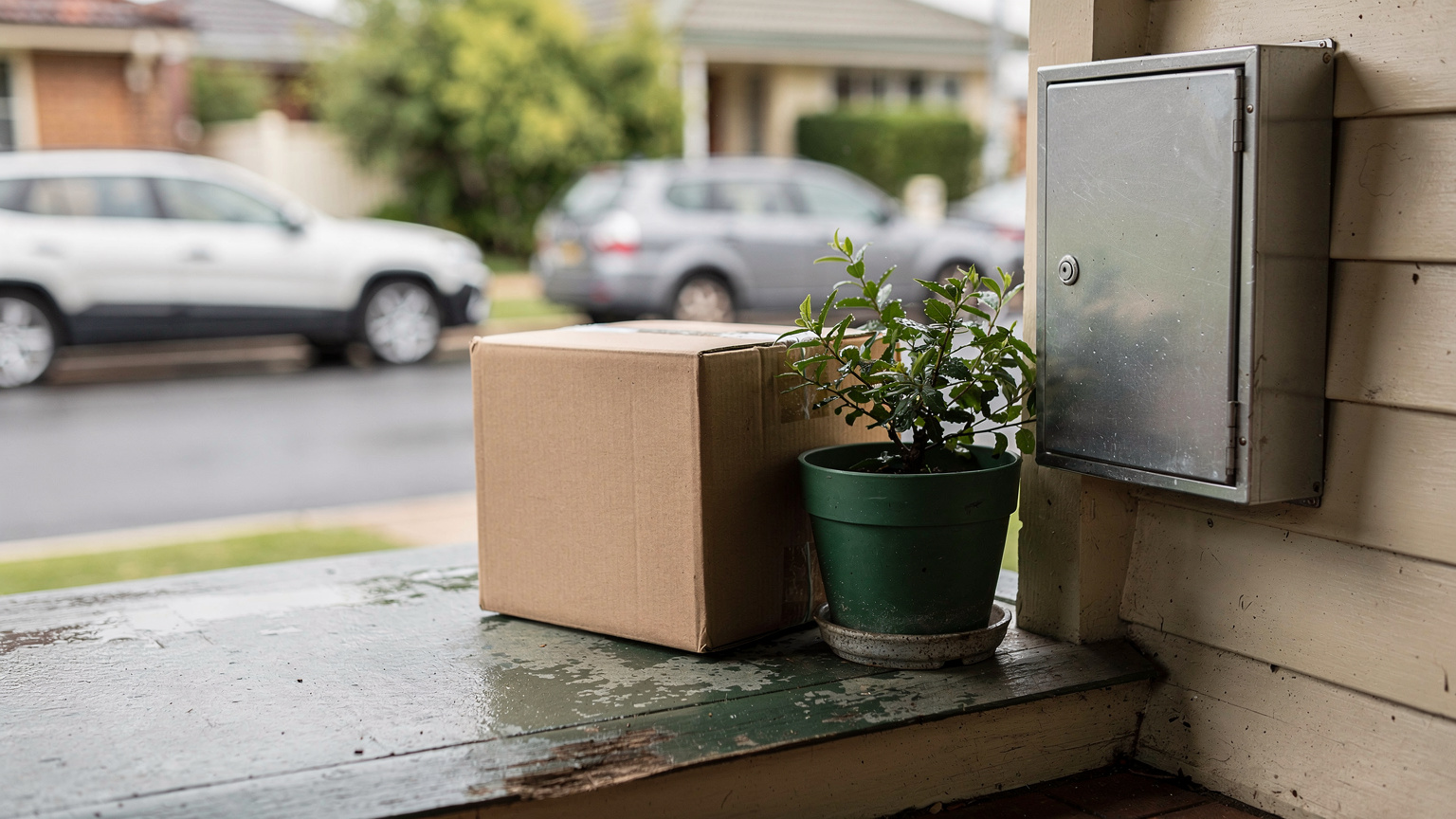 A taped cardboard parcel beside a potted plant on a weathered porch next to a metal meter box on a weatherboard house wall.