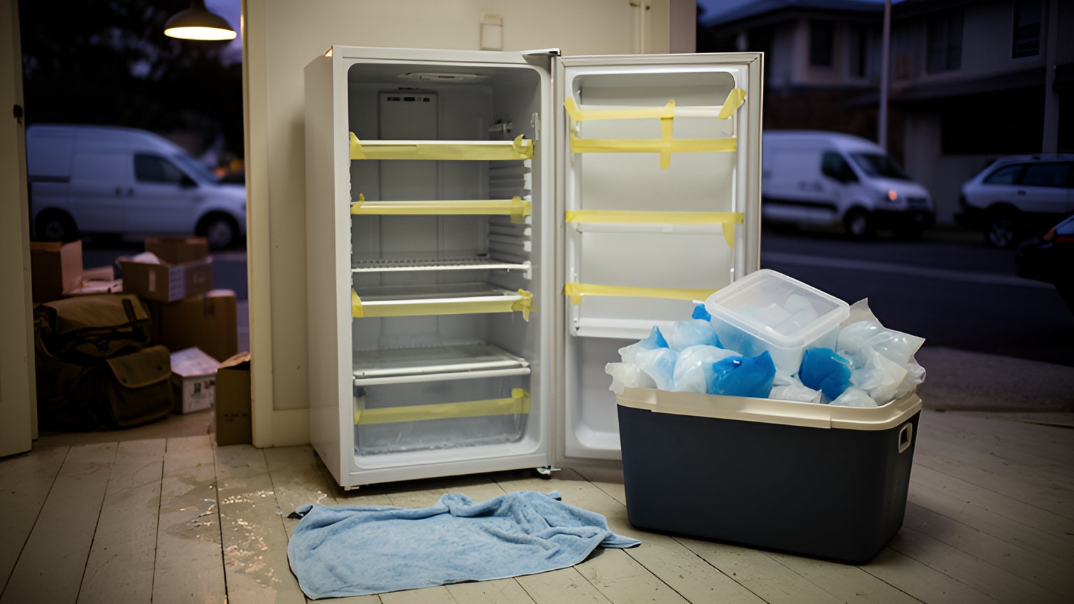 An empty switched-off fridge with its door open and taped shelves, a towel on the floorboards and an esky of gel packs beside it.