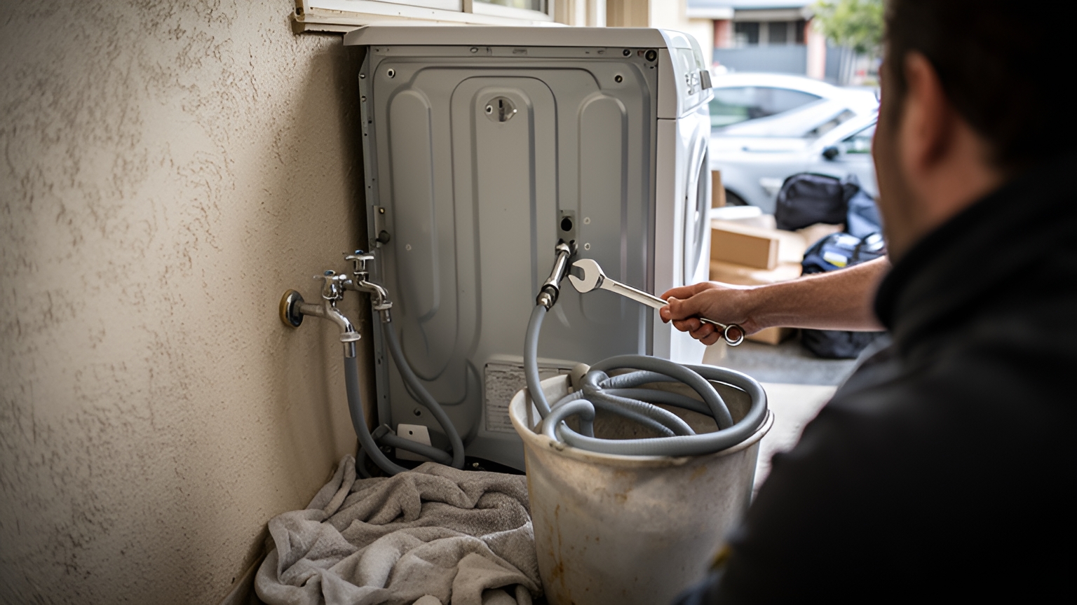A person uses a spanner on the back of a front-loading washing machine, with grey hoses coiled in a bucket and a towel under the wall taps.