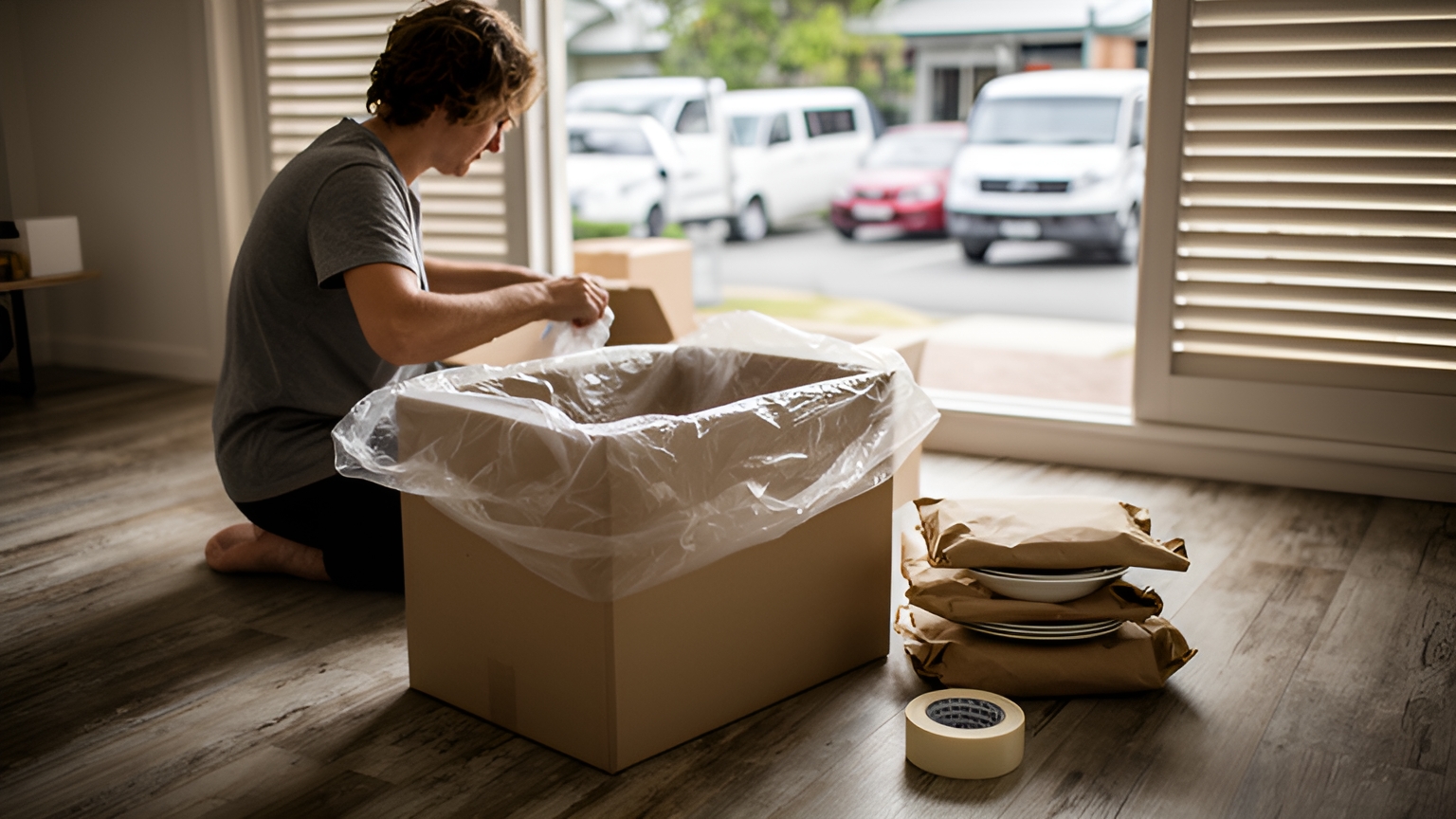 A person kneeling on a timber floor lines a cardboard moving box with clear plastic beside paper-wrapped plates and a roll of tape.