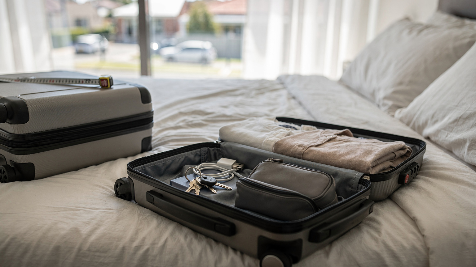 A zipped grey suitcase and an open carry-on holding keys, a charger, a medicine pouch and folded clothes on a bed by a bright window.