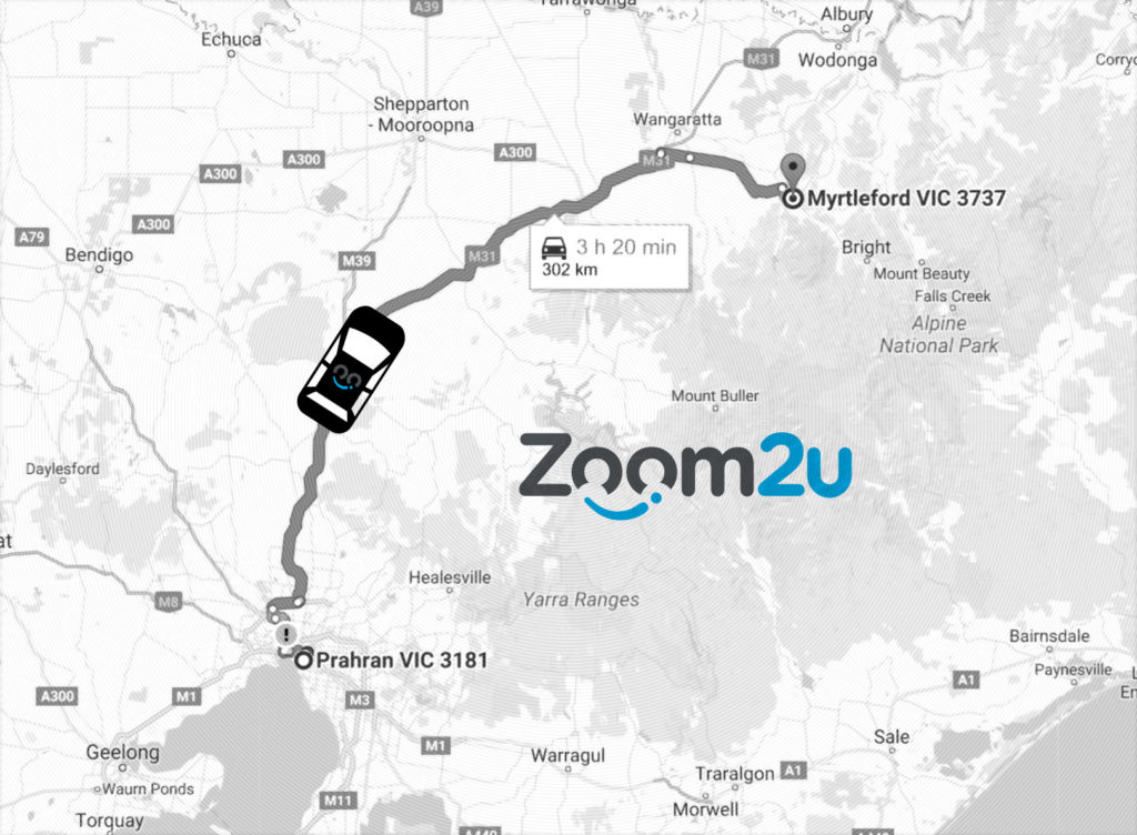 Mapping the long trip from Prahran to Myrtleford for a Zoom2u Melbourne Customer.