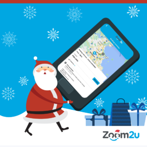 Santa holding a phone to plan out deliveries.